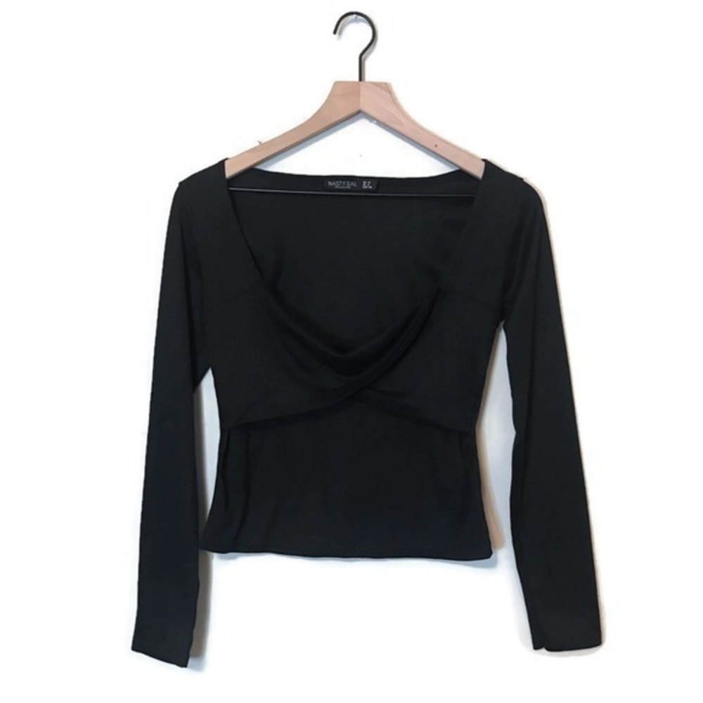 Nasty Gal Black Ribbed Long Sleeve Twisted Crop Top Women’s Size Small